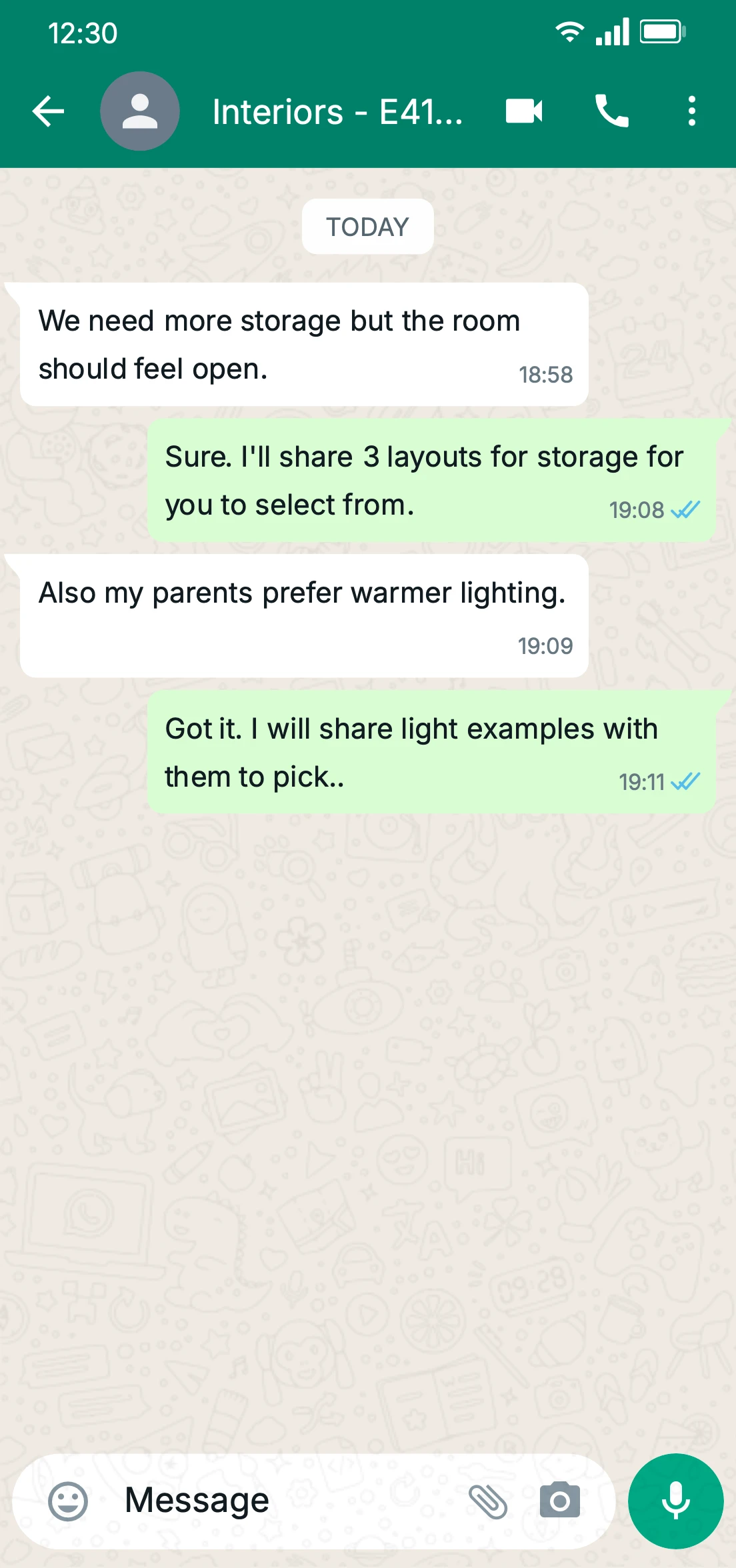 A WhatsApp chat screenshot showing communication during an interior design project.